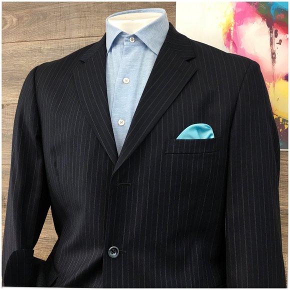 Stafford Mens Suit 2 Piece Set Size 42R Jacket Blazer Pants Wool Silk Navy Blues - Picture 2 of 16